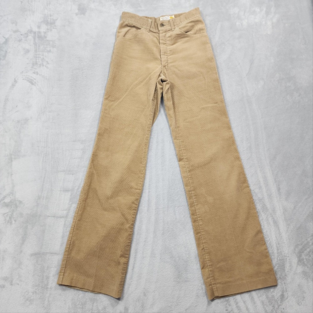 Vintage 70s Farah Pants Mens 26x33 Beige Corduroy Flat Front Wide Leg Casual